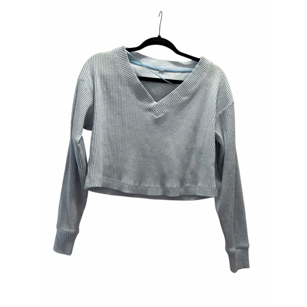 ALO Yoga Light Blue Ribbed V-Neck Sweater - Picture 3 of 7